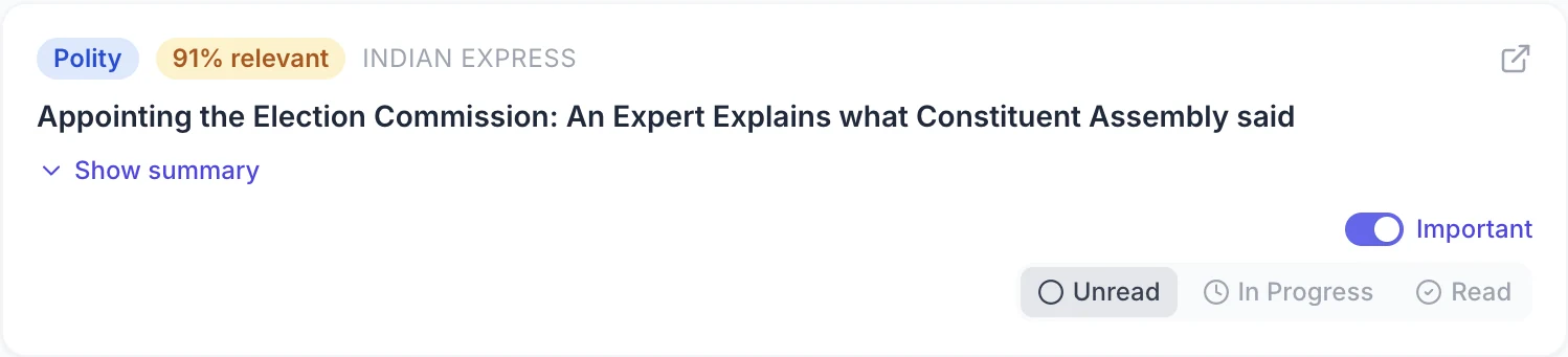 Article card tagged Polity, 91% relevant, with Important and Unread / In progress / Read